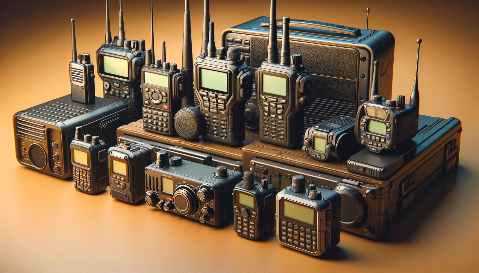 DALL·E 2023-12-11 16.33.26 - A wide, realistic image with dimensions 1920x550 px, in the color palette of the previous images, focusing on the theme of 'Radios and Electronics'. T